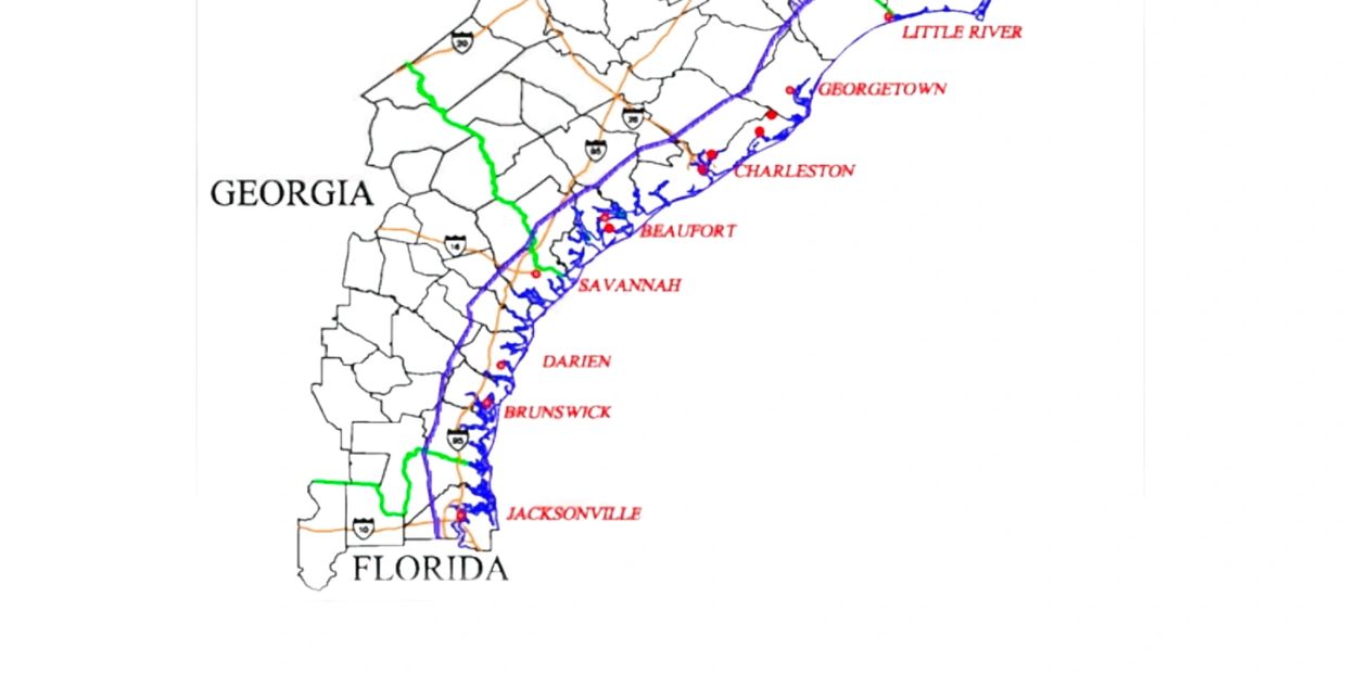 Map showing parts of Georgia and Florida with coastal cities.