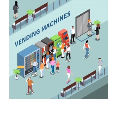 Customers purchasing goods from vending machines. Style: ClipArt
