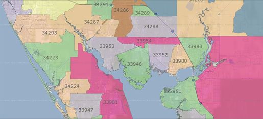 Shown is a map outlining the boundaries for zip codes in Charlotte County.