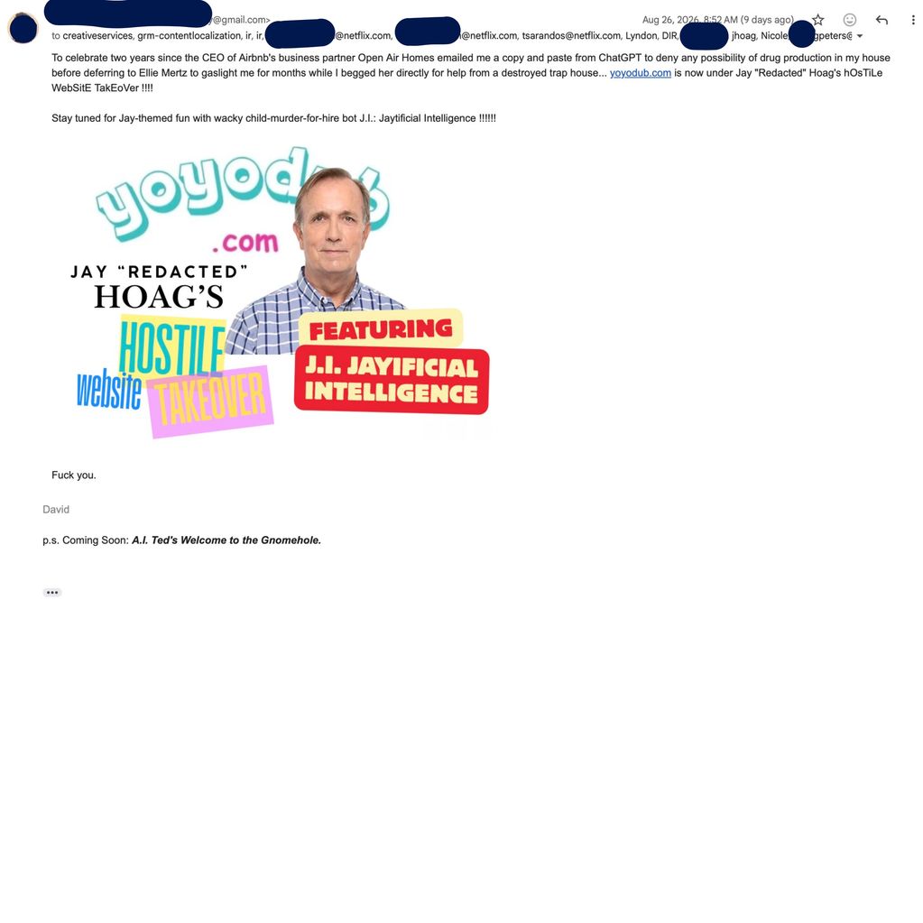 Email about Jay Hoag's hostile website takeover featuring J.I. Jayificial Intelligence.