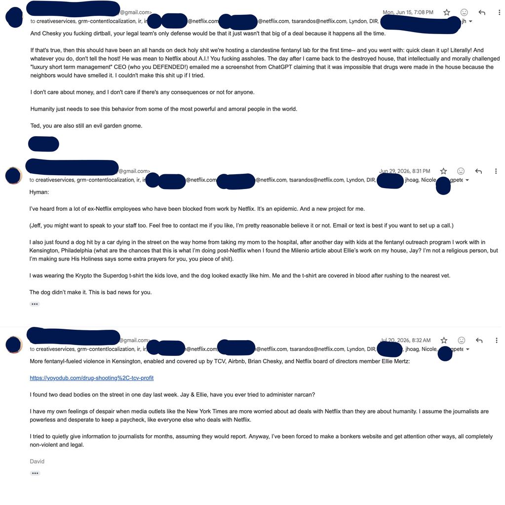 Email exchange discussing serious allegations about Netflix and drug violence in Kensington.