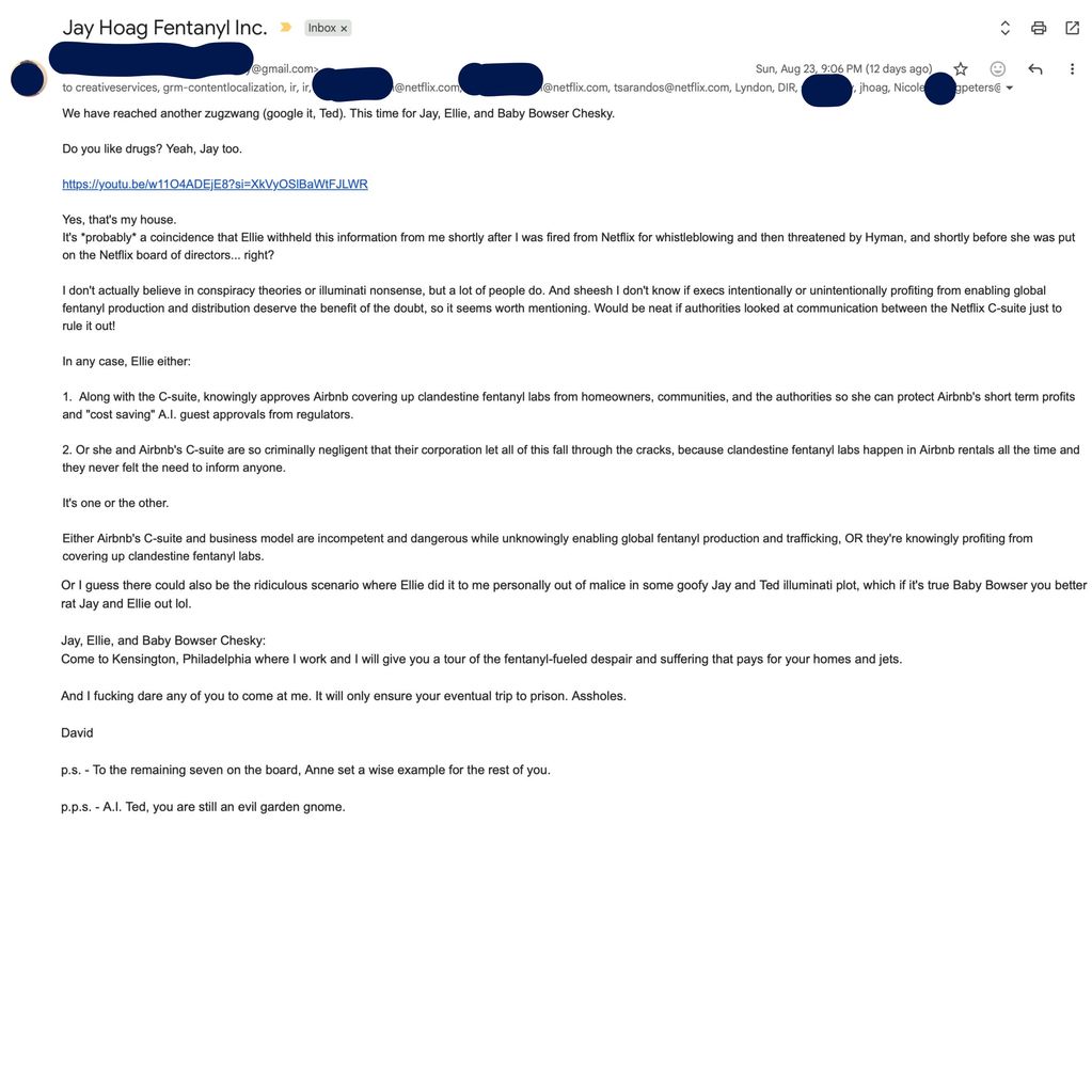 Email alleging Netflix executives' involvement in fentanyl production cover-up.