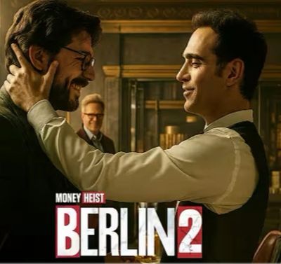 Two men share a warm moment, smiling, with a third man in the background in a luxurious room.