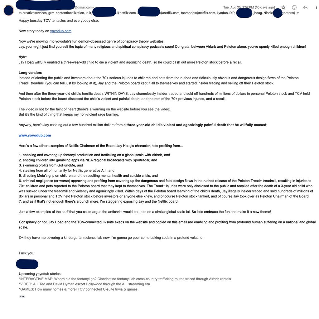 Email accusing Jay Hoag and Peloton of serious misconduct and profit from tragedy.