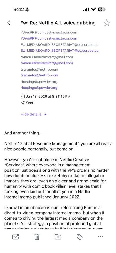 Email discussing Netflix's AI voice dubbing and management issues.