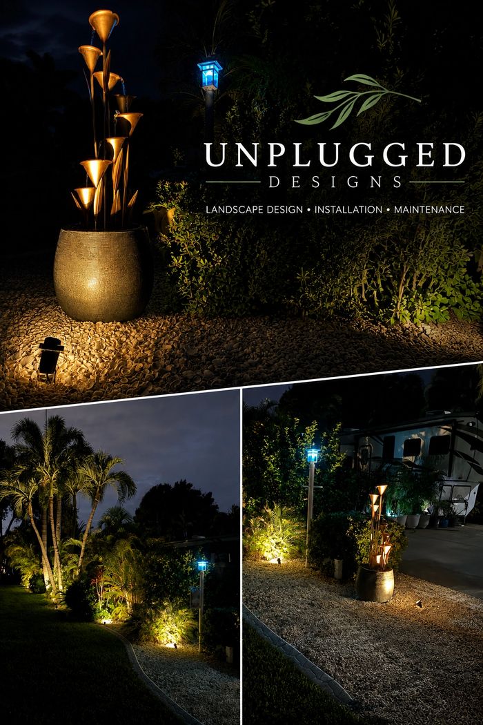 Unplugged Designs landscape lighting and bulk material delivery collage — Fort Myers, FL