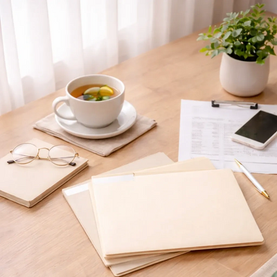 A cozy work desk with documents, glasses, tea, and a plant.
