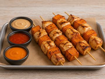 Grilled chicken and vegetable skewers with three dipping sauces.