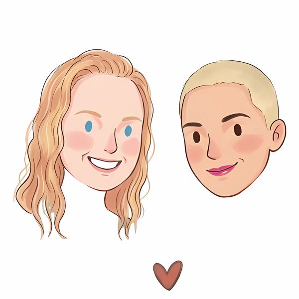 Cartoon faces of two people with a heart below them.