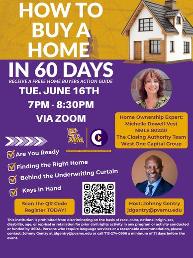 Virtual seminar on buying a home in 60 days with experts Michelle Dowell-Vest and Johnny Gentry.
