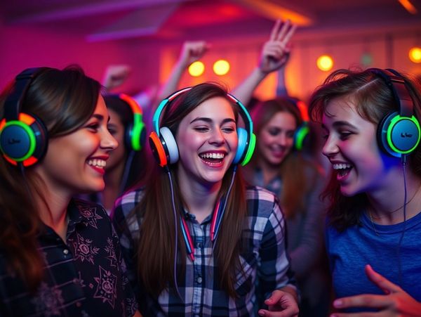 Three young women enjoying a silent disco with colorful headphones.
