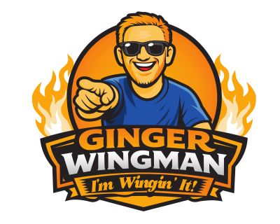Cartoon logo of a ginger man pointing with text 'Ginger Wingman I'm Wingin' It!'.