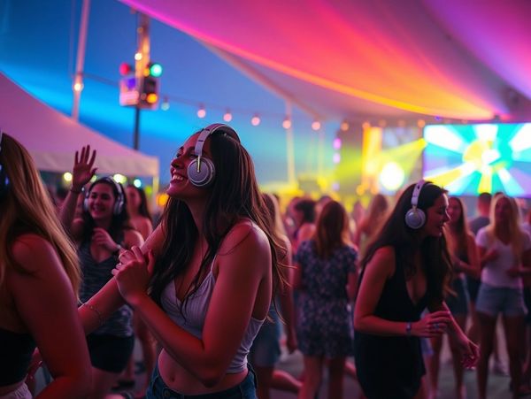 Young women enjoying a colorful silent disco party with headphones.