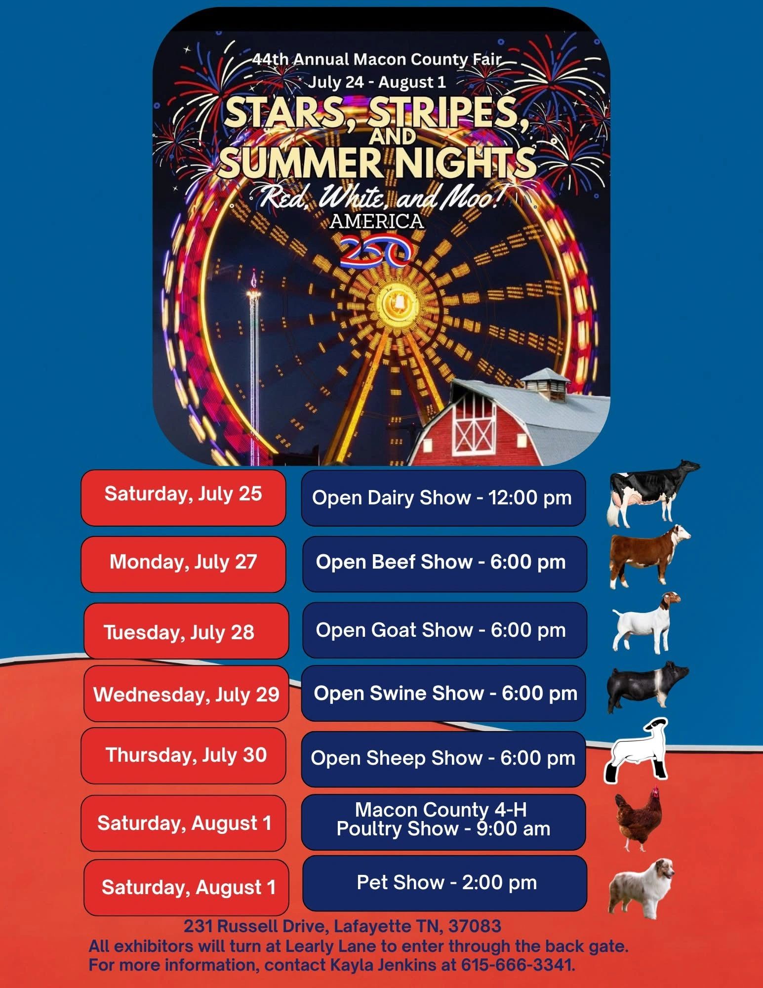44th Annual Macon County Fair schedule with livestock shows and events.