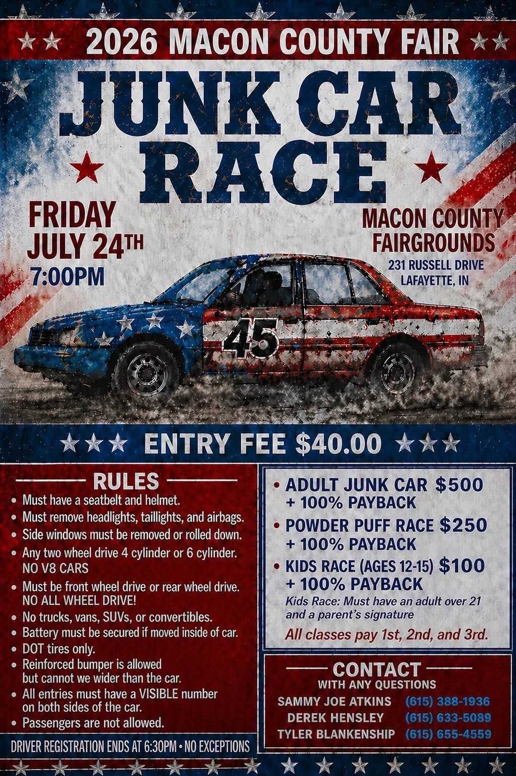 Poster advertising 2026 Macon County Fair Junk Car Race.