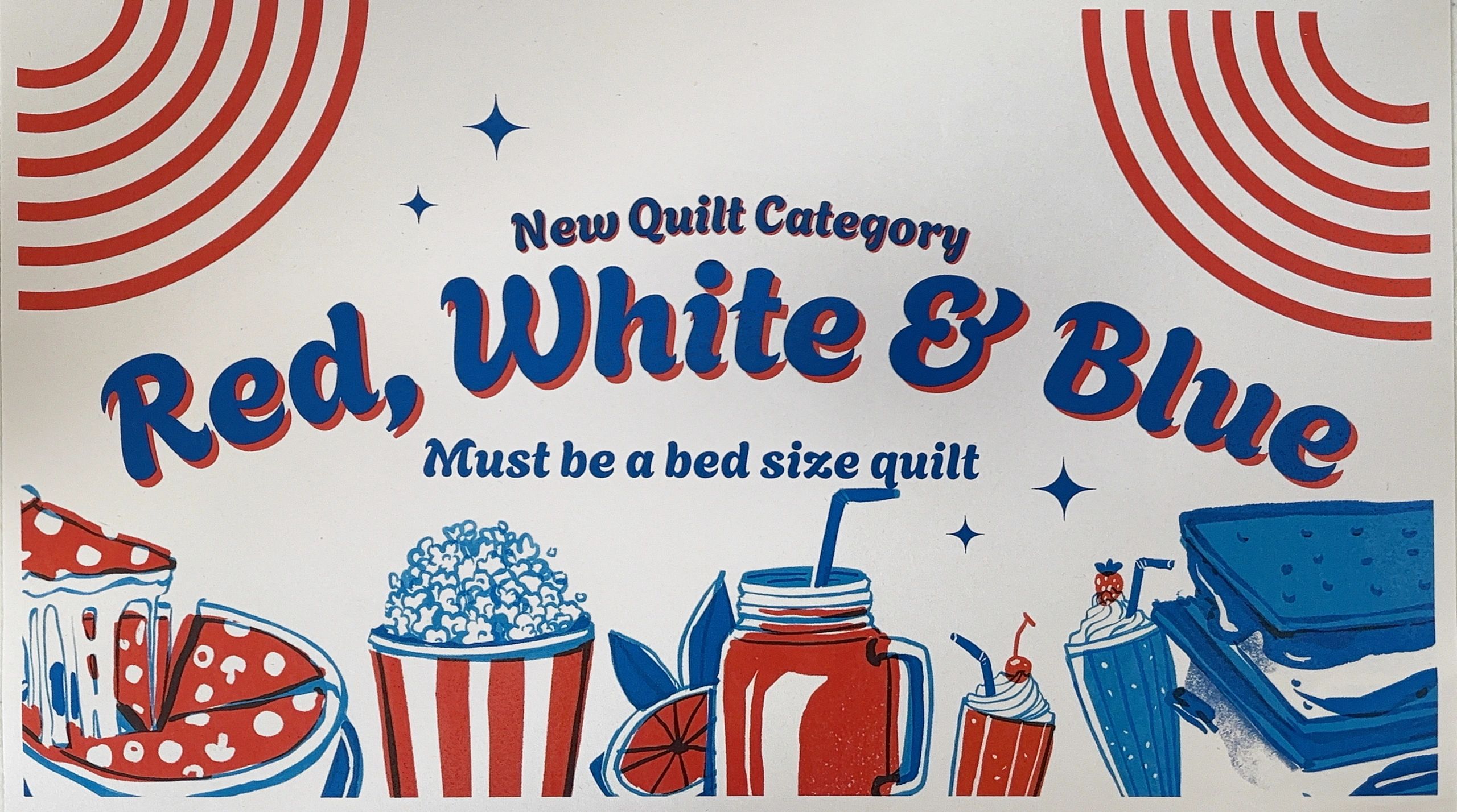 Poster announcing a new red, white, and blue quilt category with food illustrations.