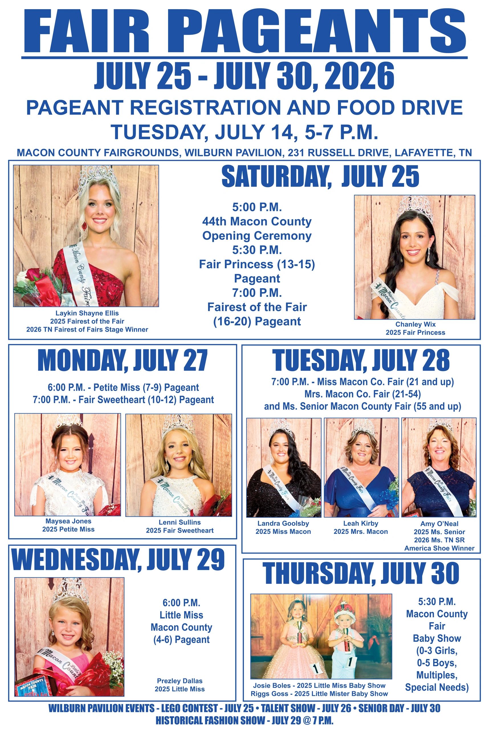Fair Pageants schedule from July 25-30, 2026.