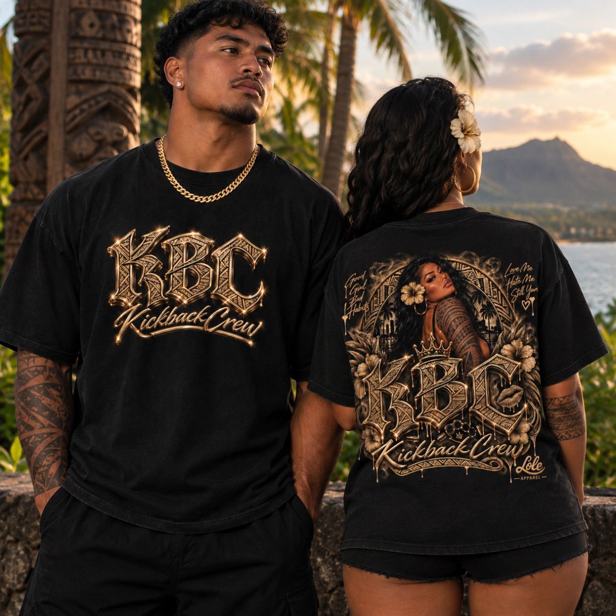Two people wearing matching black Kickback Crew t-shirts outdoors.