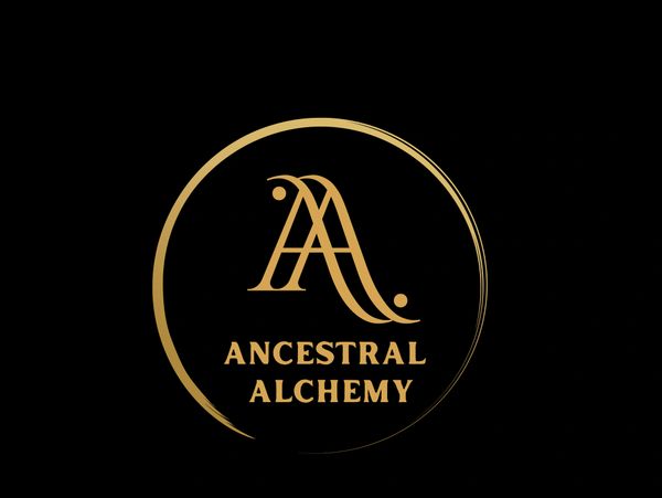 Elegant golden logo of Ancestral Alchemy on black background.