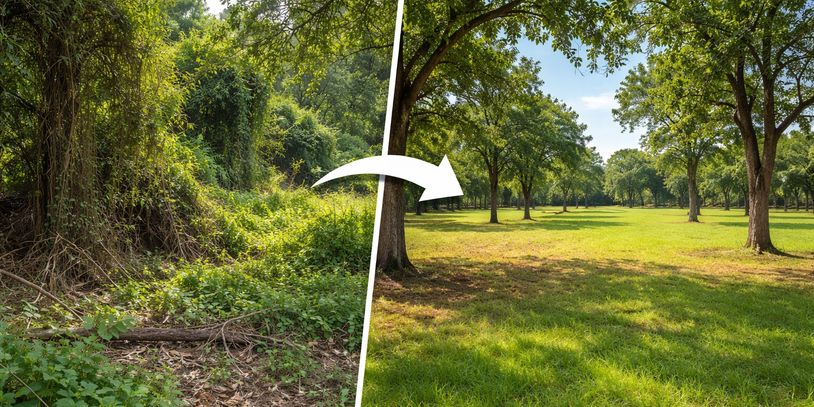 Before and after images of a forest cleared into a manicured park.