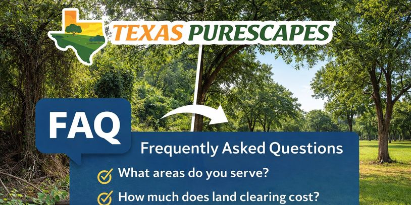 Texas Purescapes FAQ on land clearing services and quotes with a forest background.