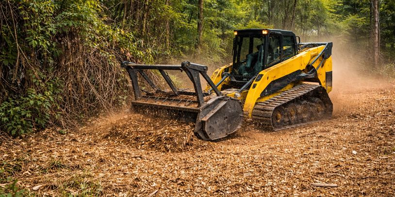 Yellow tracked bulldozer clearing dry leaves in a forest.