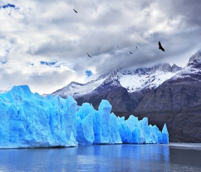 Bright blue glacier with birds flying above, set against snowy mountains and cloudy sky.