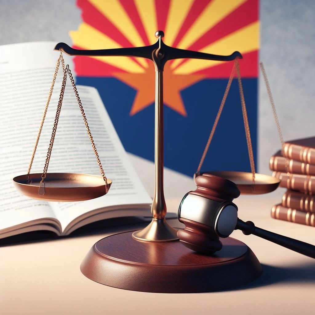 A balance scale weighing the proposed trespassing amendments against the justice system, set against the backdrop of Arizona, highlighting the deliberation process for state legislative changes.