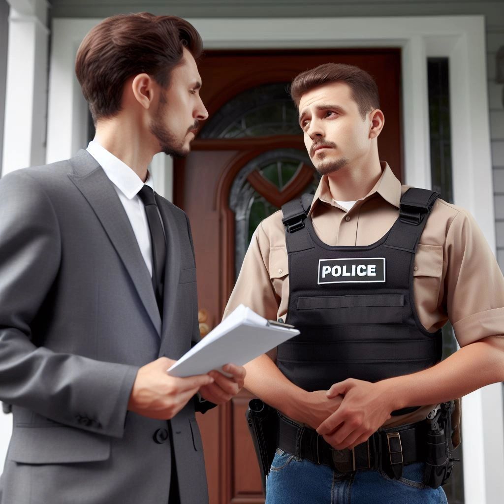 A process server or law enforcement official amicably discussing their rights and duties with a property owner, emphasizing increased safety and understanding due to clear trespassing guidelines. A process server or law enforcement official amicably discussing their rights and duties with a property owner, emphasizing increased safety and understanding due to clear trespassing guidelines.