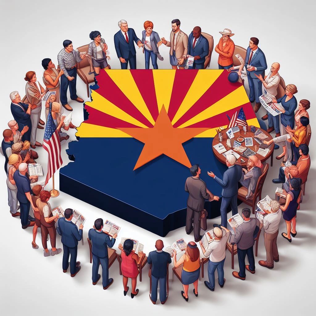 A united group of Arizonans from all walks of life, discussing and showing support for the proposed legislative amendments, signifying the collective drive for a stronger justice system in Arizona.