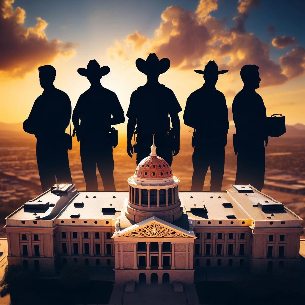 Arizona State Capitol bathed in sunset's glow, with silhouettes of a process server, sheriff, and constable in the forefront, representing the state's dedication to upholding justice and due process.