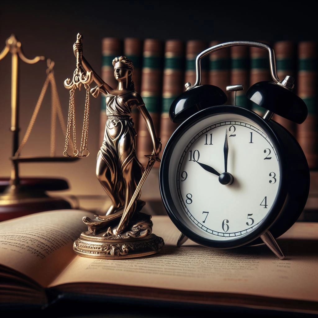 Scales of justice on a legal book, juxtaposed with a ticking clock and a warrant, illustrating the importance of timely due process in the legal system.