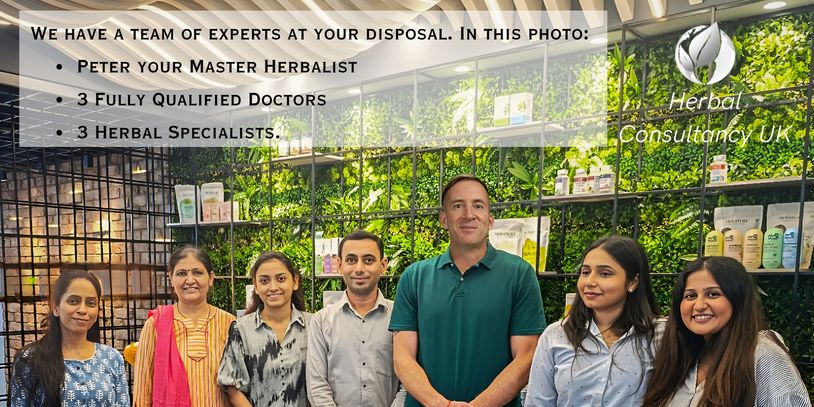 Team of herbalists and doctors standing together in a modern consultancy space.