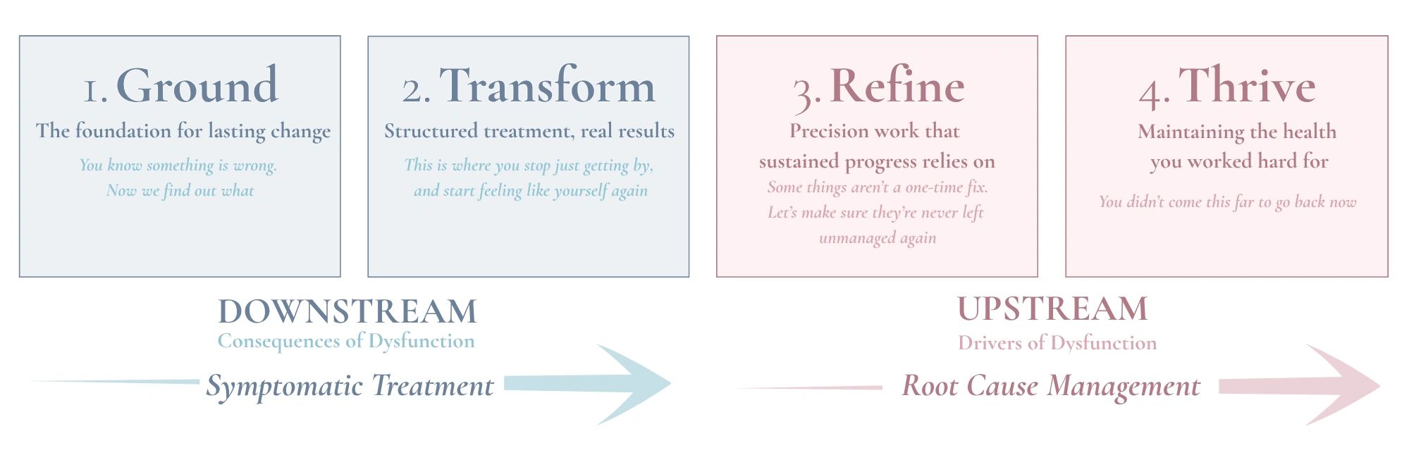 Four steps to lasting health: Ground, Transform, Refine, Thrive.