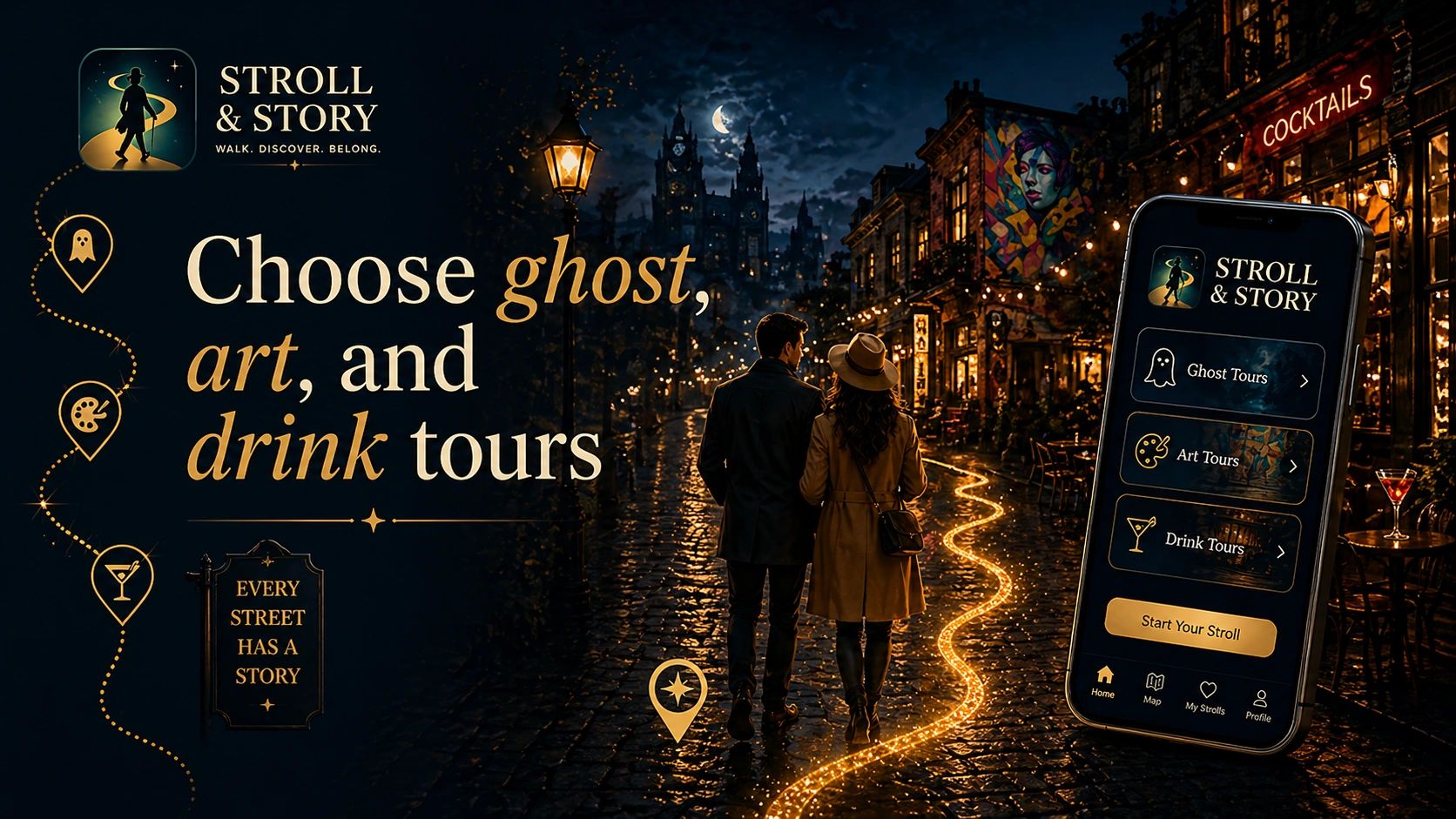 Couple exploring nighttime city on illuminated path for ghost, art, and drink tours.