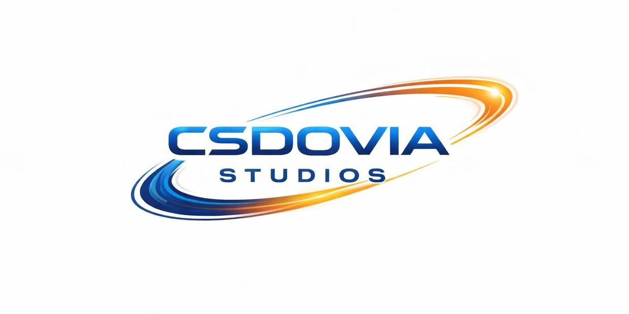 Logo of CSDOVIA Studios with dynamic blue and orange swooshes.