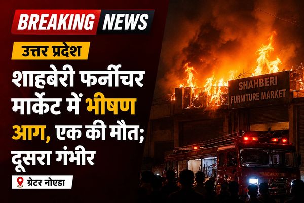 Fire breaks out at Shahberi Furniture Market in Uttar Pradesh, causing fatalities.