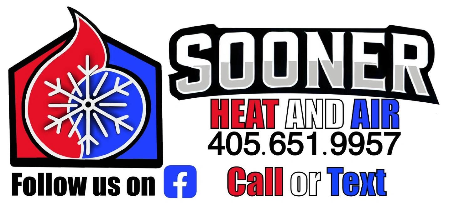 Logo and contact info for Sooner Heat and Air with Facebook follow prompt.