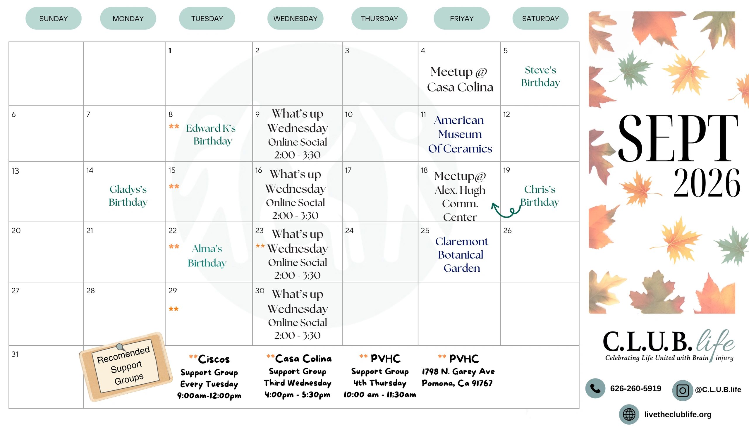 September 2026 calendar with birthdays, meetups, and events.