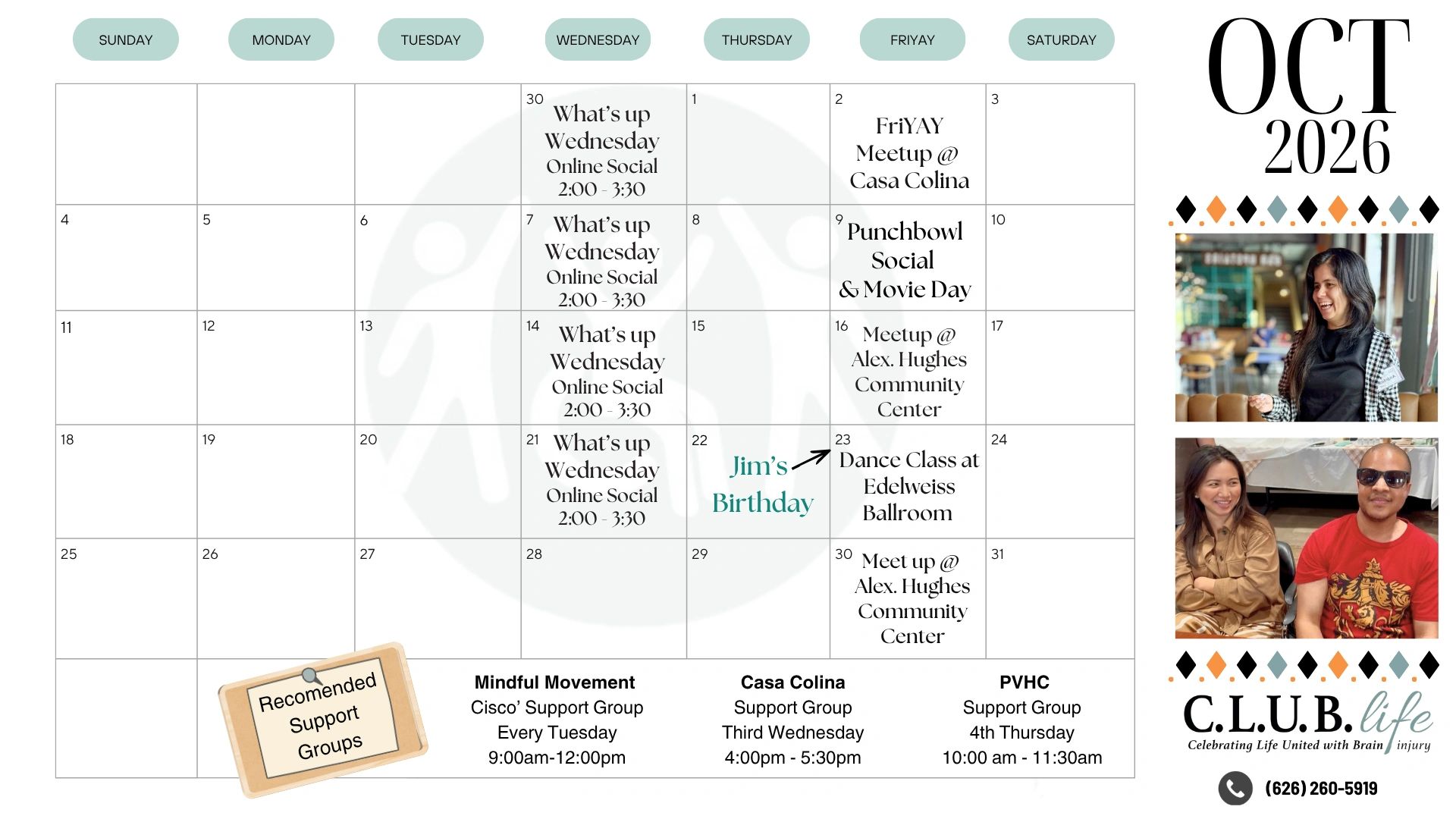 October 2026 community social calendar with weekly events and photos.
