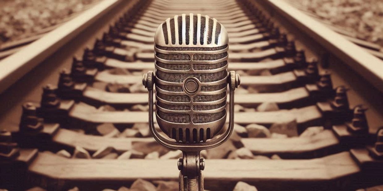 Vintage microphone on railroad tracks, blending music and journey themes.