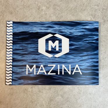 Mazina swatch book, white letters on blue ocean waves Shutterfly Flexbind photo paper