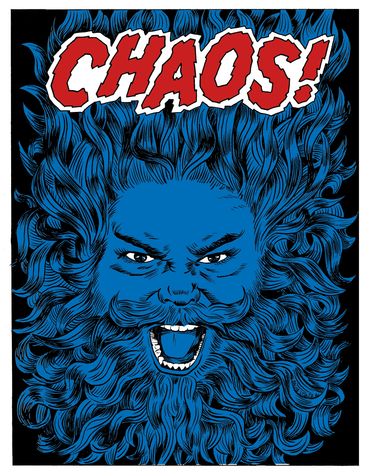 Jack Black with exaggerated flowing hair and beard screaming, colored all blue, with the word chaos!