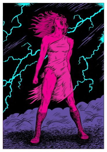Amazon warrior screaming triumphantly in lightning storm, colored magenta