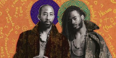 Two men in artistic, patterned attire with vibrant background text.