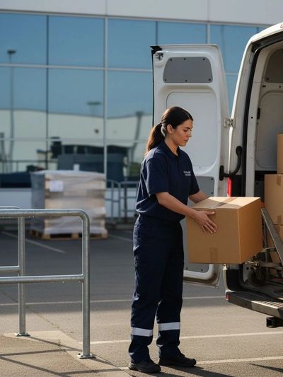 Delivery worker unloading boxes from a van in a parking lot.