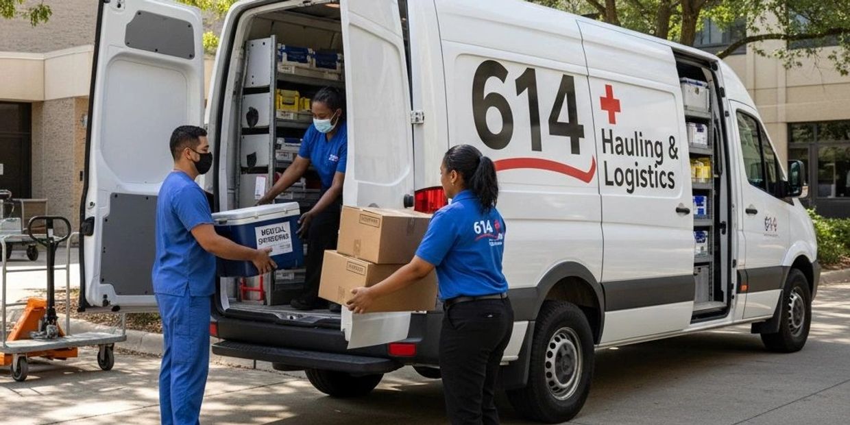 Team unloading medical supplies from a logistics van outdoors.