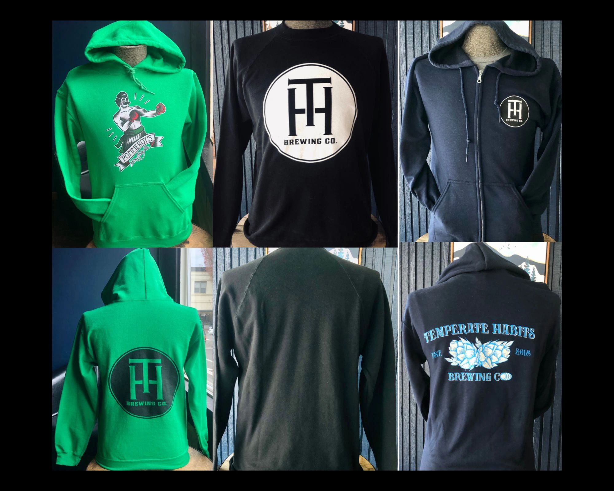 Three hoodies with brewing company logos in different colors and designs.