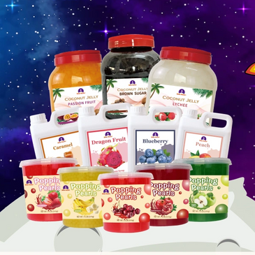 Variety of colorful coconut jelly and popping pearls in jars and containers.