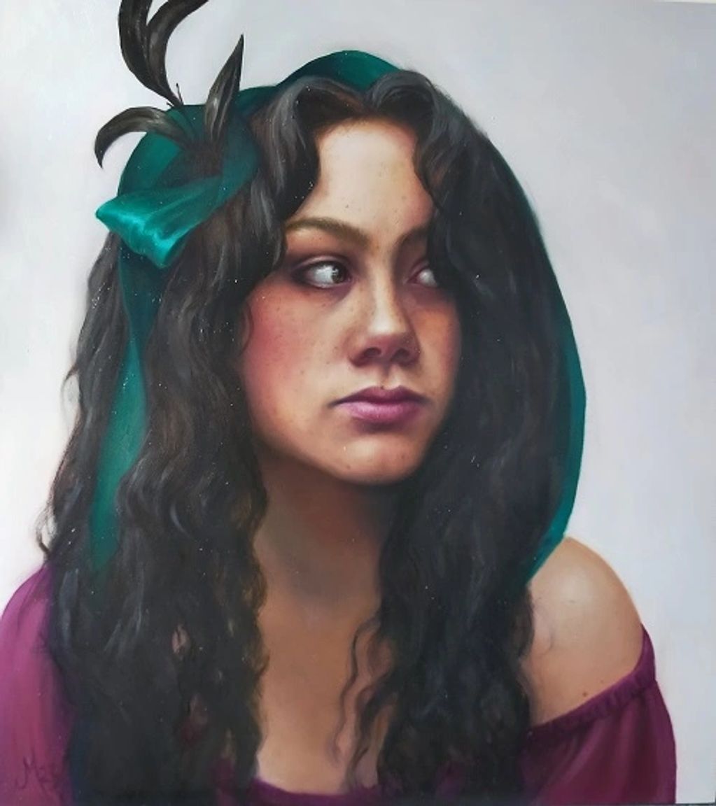 Painted portrait of a young Maori woman with long dark hair and a green ribbon in her hair with hara